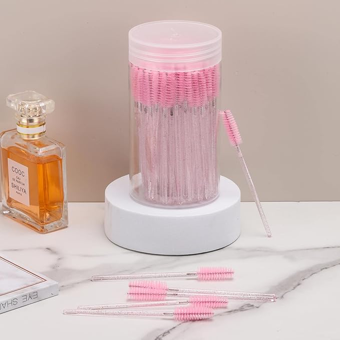 100 Pcs Disposable Mascara Wands, Crystal Eyebrow Spoolies Brush for Eyelash Extensions, Pink Lash Brushes with Container