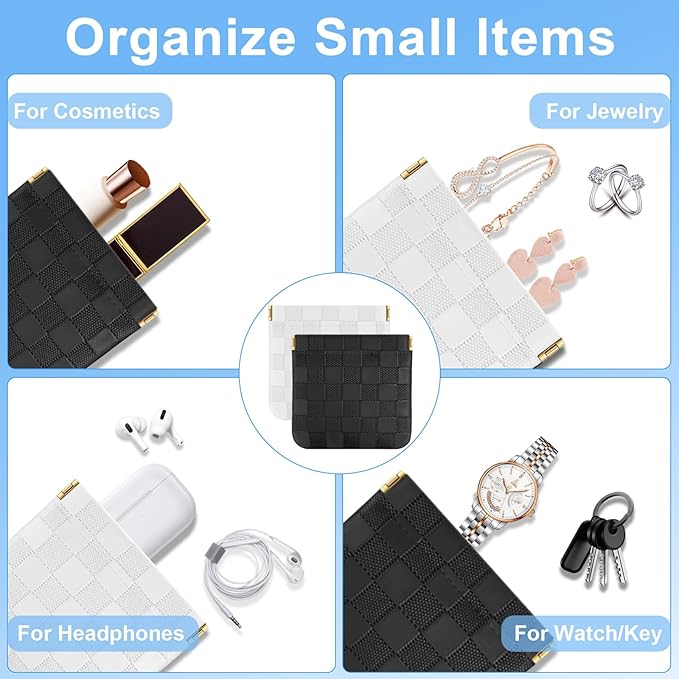 4Pcs Small Makeup Bag for Purse, Mini Checkered Leather Purse Pouches for Purse Small Makeup Pouch Small Coin Purse Organizer Pouches, Portable No Zipper Pocket Cosmetic Bag for Women (White, Black)