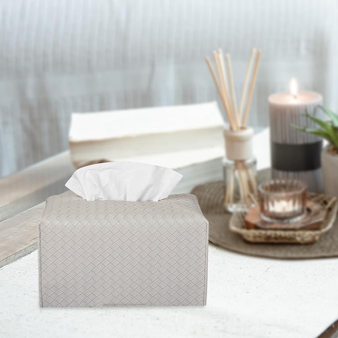Tissue Box Cover PU Leather Tissue Holder Square Facial Tissue Case Facial Paper Organizer Dispenser for Bathroom, Vanity Countertop, Tabletop, Car, Rectangle, Misty Gray