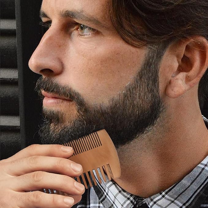 Pearwood Beard Comb, Wooden Beard Comb for Men with Leather Case, Dual-Sided Teeth for Beard Grooming