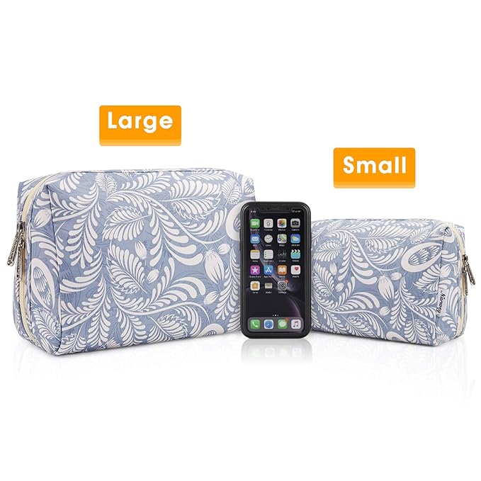 Narwey Cute Makeup Bag Travel Cosmetic Bag Organizer Toiletry Bag Make Up Bags with Compartments for Women Girls (Large, Blue Leaf)