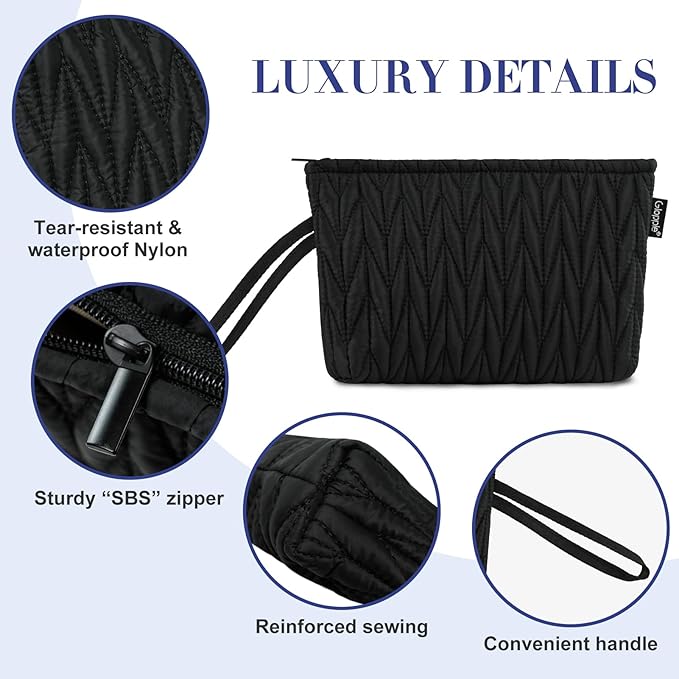 Gloppie Black Makeup Bag Small Cosmetic Bag for Purse Puffy Padded Makeup Pouch Wristlet Pouch Teacher Gifts for Women