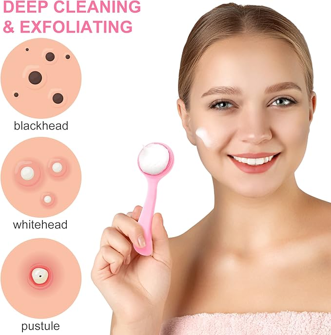 2 Pack Silicone Manual Facial Cleansing Brush, Skin Friendly Waterproof Face Cleaning Scrubber Exfoliator Cleanser for Blackheads Whiteheads Makeup Residues Removal- Pink