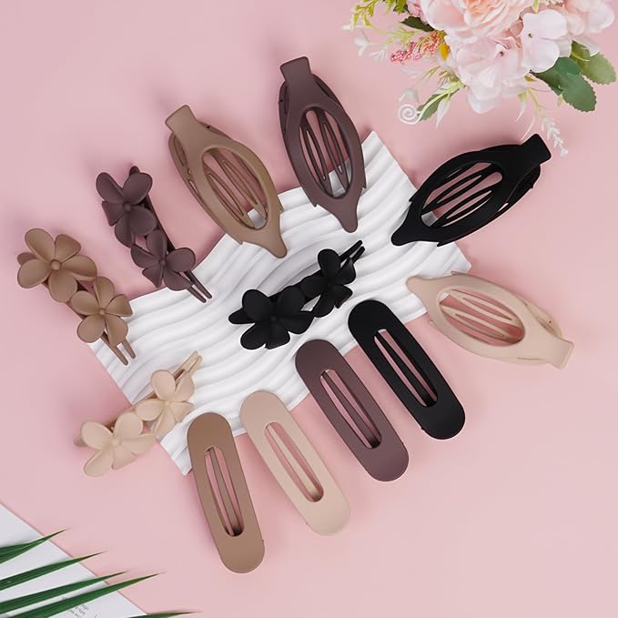 12 Pack Flat Hair Clips Set for Women –Matte Neutral Claw Clips, Flat Barrettes & Flower Hair Pins in Black, Blonde,Light Brown & Dark Brown, Strong Hold Styling Accessories for Thick & Thin Hair