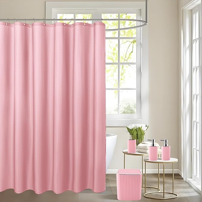 Bathroom Set with Shower Curtain and Rugs- 25PC Pink Bathroom Accessories, Shower Curtain Set, Toilet Brush, Trash Can, Qtip Holder & Soap Dispenser
