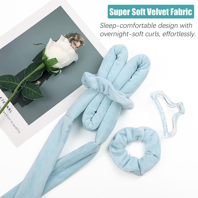 Heatless Curls Hair Curlers to Sleep in – Velvet No-Heat Overnight Curling Rod Headband Set for Long Hair, with Scrunchies & Clip, Wake Up to Beach Waves (Blue, Pack of 1)