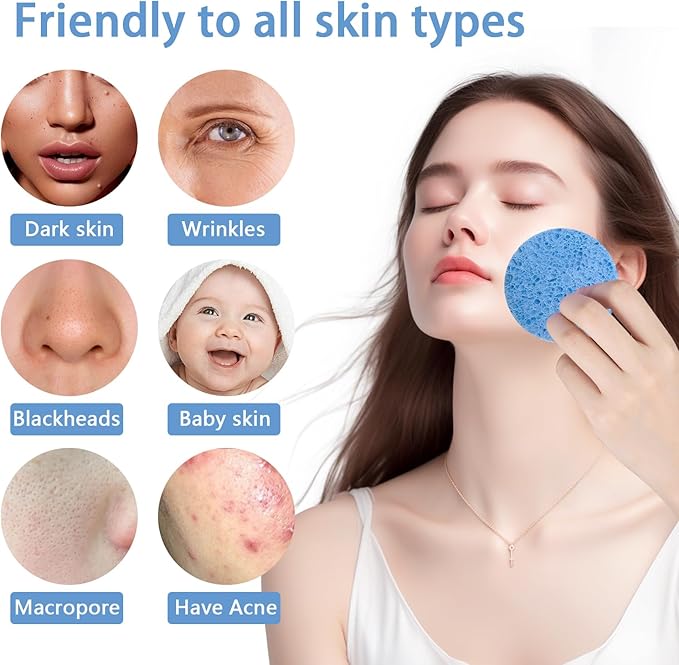 50-Count Large Compressed Facial Sponges for Estheticians, Daily Cleansing and Gentle Exfoliating- 100% Natural Cellulose Spa Sponge Perfect for Removing Dead Skin, Dirt and Makeup (Round 2.95",Blue)