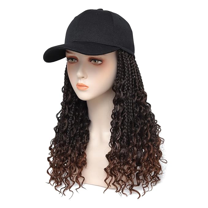 GUOJIAN Goddess Box Braiding Baseball Cap Wig Bohemian Curly Ends Box Braids Hat with Braided Hair Extensions for Black White Women Synthetic Braids Hat Wig with Hair Attached (16inch, T30)