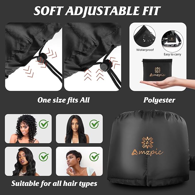 Bonnet Hood Hair Dryer Attachment - Soft, Adjustable Extra Large Bonnet Hair Dryer for Speeds Up Drying Time at Home, Easy to Use for Styling, Curling and Deep Conditioning (Black)