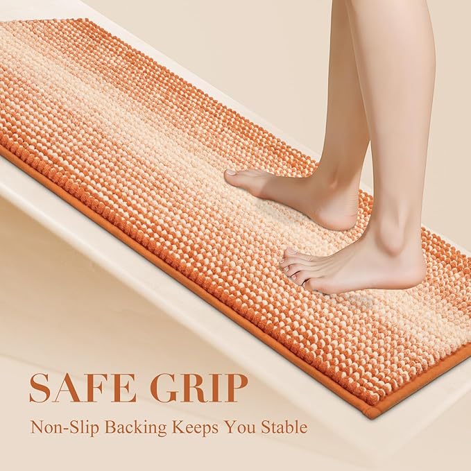 BSICPRO Large Bath Rugs, Non Slip 20 x 47 Inches Water Absorbent Chenille Floor Mats Machine Washable (Pumpkin Orange)
