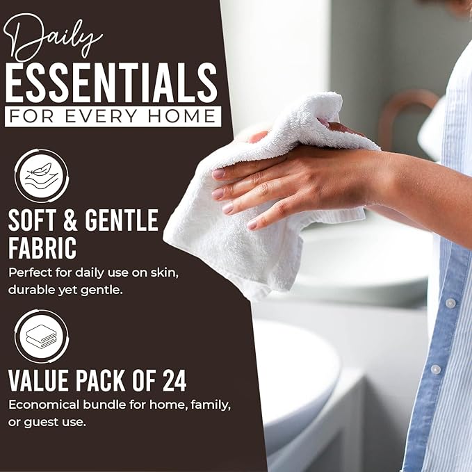 DAN RIVER 24 Pack Wash Cloths for Showering [12x12] - 100% Cotton Washcloths Premium Quality Flannel Face Cloths for Bathroom, Highly Absorbent and Soft Feel Wash Clothes, Brown