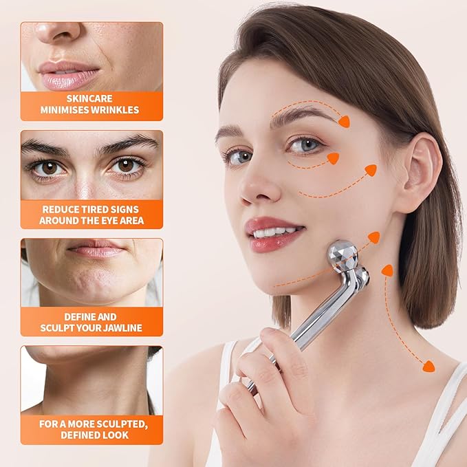 Metal Facial Roller Massager, 3D Cooling Face Massage Tool for Reduce Puffiness, Remove Eye Wrinkles, Face Lifting, Increase Firmness, Anti-Aging, Skin Tightening