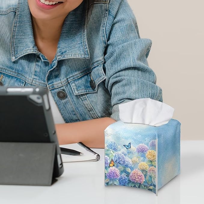 Butterflies Tissue Box Holder Stylish Waterproof PU Leather Square Tissue Box Cover with Metal Button Napkin Holder for Home Office Car Automotive Decor