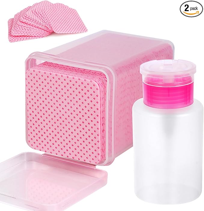 200 Pieces Nail Cotton Pads,1 Pull-Down Pump Dispenser Bottle, Super Absorbent Soft Non-Woven Eyelash Glue Wipes, Nail Polish dehumidifier for Eyelash Extension Products and Nail Oil Bottle (Pink)