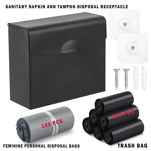 Sanitary Napkin Disposal Receptacle with Hygiene Disposal Bags and Trash Bag,9.4x7.8x3.5 inches Stainless Steel Wall Mounted Feminine Hygiene Disposal Trash Can Bin for Bathroom,Office (Black)