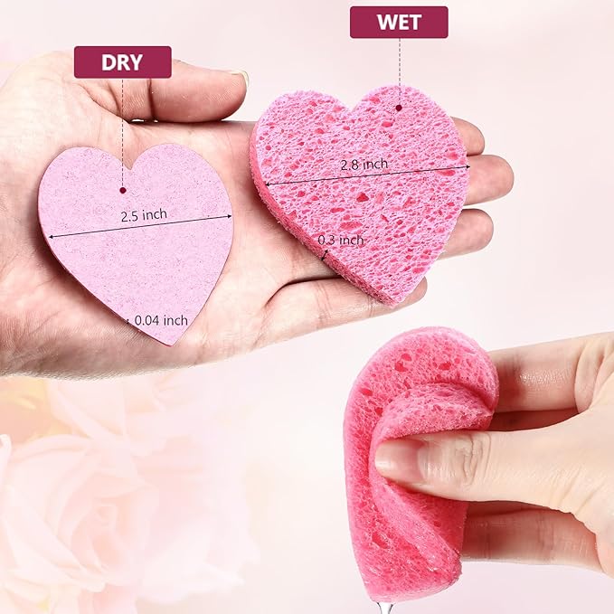 Nuenen 60 Pieces Facial Sponges with Container, Heart Shape Compressed Face Sponges Natural Cleaning Pads for Washing Face Cleaning Exfoliating Esthetician Makeup Removal (Pink,White, Yellow)