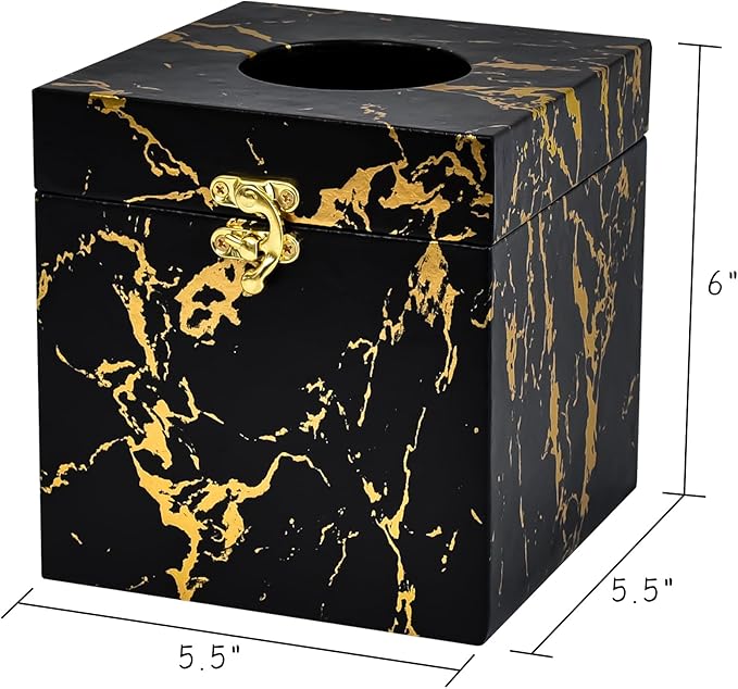 Black and Gold Marble Tissue Box Cover for Kleenex Box, Modern Elegant Tissue Box Holder with Lock for Bathroom, Bedroom, and Living Room, Square Shape Toilet Tissue Holder Organizer