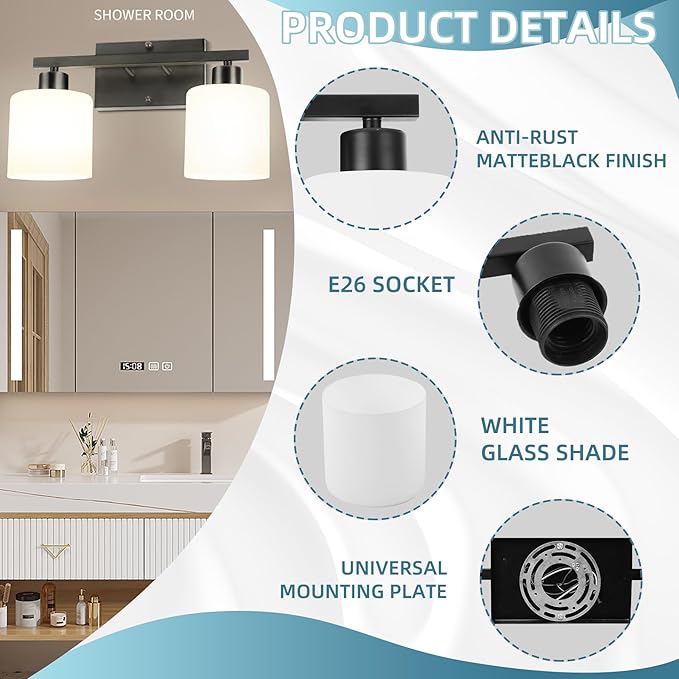 CANMEIJIA 2-Light Bathroom Vanity Light Fixtures, Matte Black Vanity Wall Scones Lighting for Bedroom Living Room, Modern Vanity Lights with Milky White Glass Shades, E26 Socket, Bulbs Not Included
