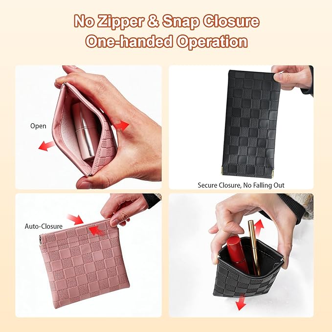 6 Pack 2 Sizes Small Makeup Bag for Purse, Checkered Snap Closure Pouches for Purse, PU Leather Coin Purse for Women, Mini Organizer for Cosmetics Electronics Change, Daily Commute & Travel