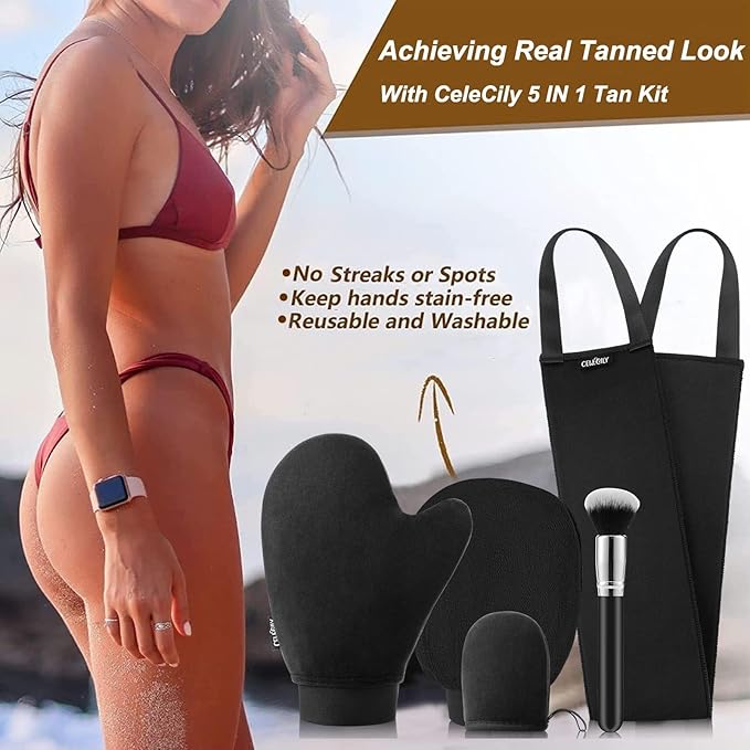 5-in-1 Self Tanner Mitt Applicator Kit - Professional Self Tanning Mitt Back Applicator, Mini Mitt, Brush and Exfoliator，No Streaks, No Orange Palms, Double-Sided Washable Tanning Gloves Set