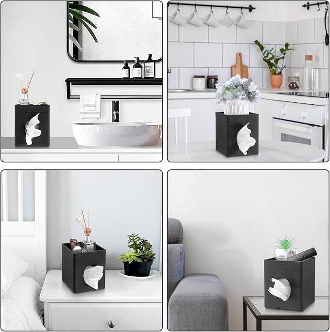 Sumnacon Square Tissue Box Cover with Storage Tray, Decorative Cube Tissue Holder PU Leather Facial Tissues Organizer Stylish Modern Tissue Dispenser for Bathroom Toilet Tank Vanity Dresser Table