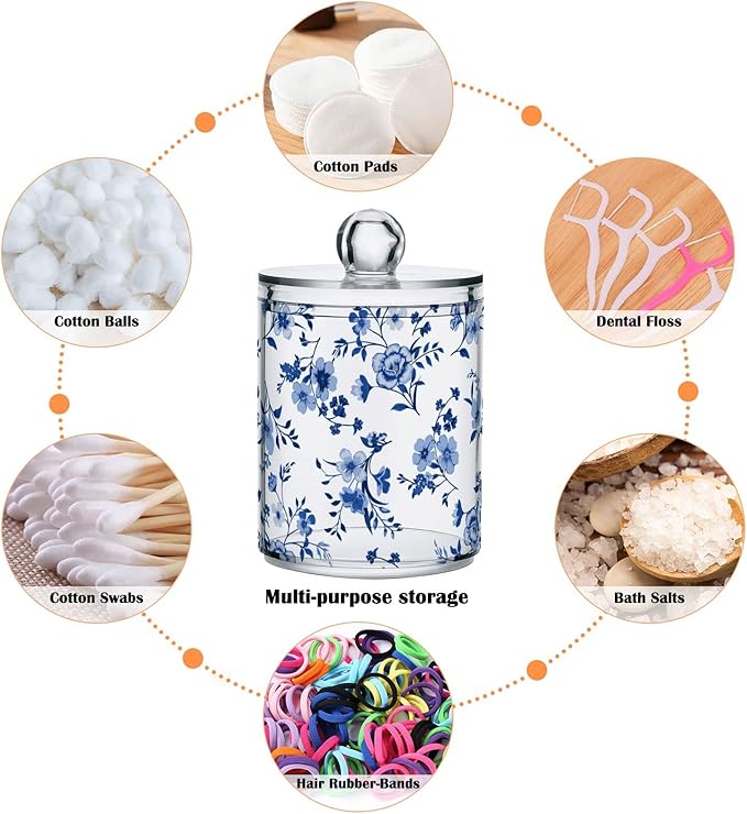 Kigai Cotton Swabs Organizer Blue Wildflowers Qtip Holder Dispenser with Lid Apothecary Jar Set 2PCS Reusable Clear Plastic Cans for Dry Food