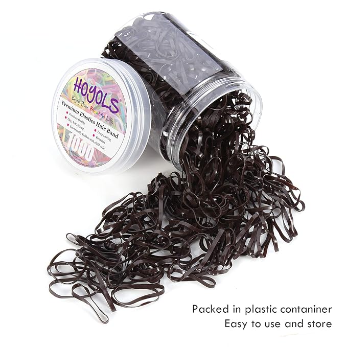 Hoyols Small Hair Elastics Brown, Premium Plastic Girls Hair Ties Strong Flexible Rubber Bands Tiny Mini Polybands for Women Kids Baby Bulk 1000 Count TPR (Dark Brown)