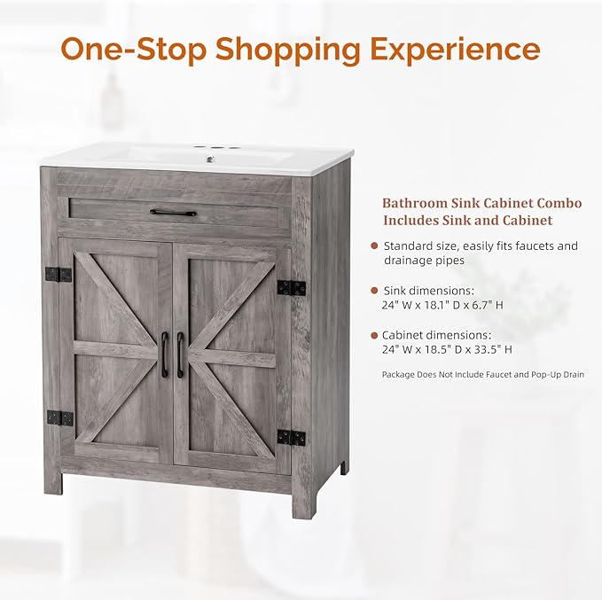 VINGLI 30" Farmhouse Bathroom Vanity with Sink, Undermount Vanity Sink Cabinet with Barn Door &Shelf,Free Standing Small Bathroom Storage Cabinet with 3 Holes Ceramic Basin Combo Set,Washed Gray