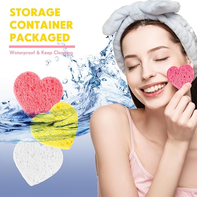 Nuenen 60 Pieces Facial Sponges with Container, Heart Shape Compressed Face Sponges Natural Cleaning Pads for Washing Face Cleaning Exfoliating Esthetician Makeup Removal (Pink,White, Yellow)