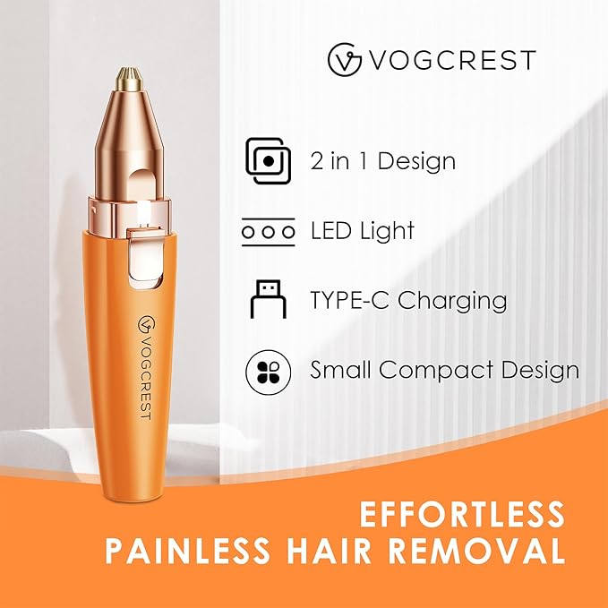 VG VOGCREST Eyebrow Facial Trimmer: 2 in1 Rechargeable Facial Hair Removal and Eyebrow Shaver - Face Lips Body Painless Facial Razor with Built-in LED Light (Orange)