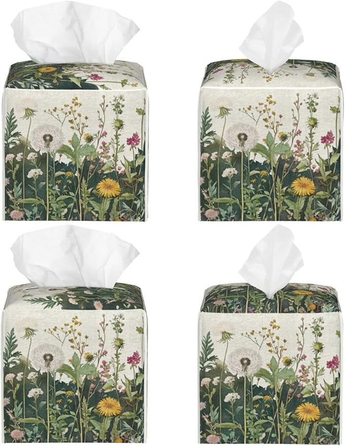 Retro Herbs Spring Dandelion Tissue Box Cover Leaves Summer Holiday Square Leather Tissue Holder Decorative Facial Tissue Cube Paper Cover Case Organizer for Bathroom Night Stands Desk Home