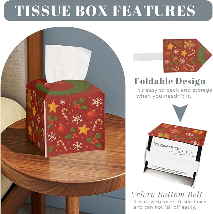 Christmas Tissue Box Cover Funny Cartoon Cute Red Xmas Holly Leather Tissue Box Holder Square Facial Paper Organizer Dispenser for Car Bathroom Bedroom Office Tabletop Decor