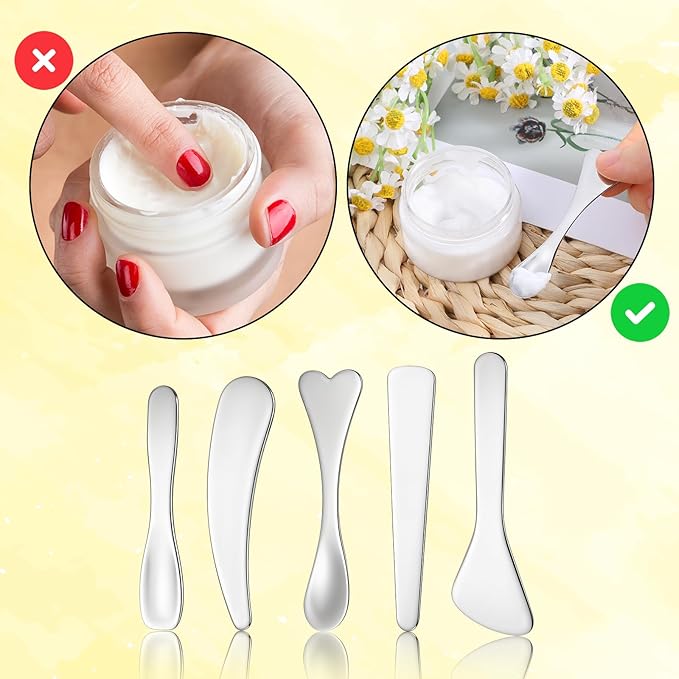 Mini Cosmetic Spatula 5 Pcs Metal Makeup Spatula Stainless Steel Cosmetic Spoon Beauty Spatulas Reusable Mask Facial Applicator Scoop Skincare Tools for Mixing Sampling Cream Mask Lotions Moisturizers