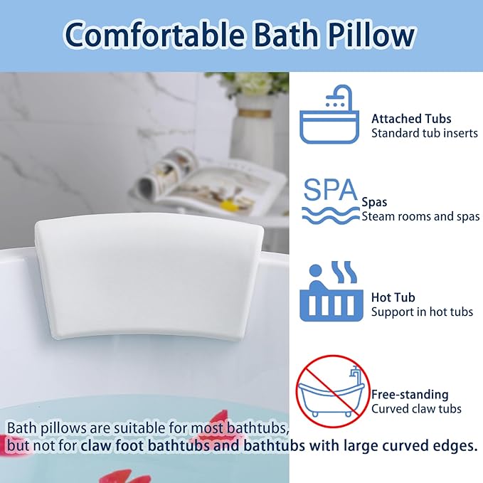 Bath Pillow, Bath Pillows for Tub with Head, Neck and Shoulder Support, Ergonomic Waterproof Bathtub Pillow with Strong Non-Slip Suction Cups, Relaxing Spa, Hot Tubs, Bathroom Essentials White