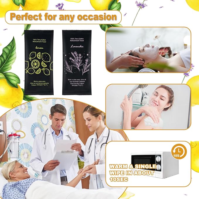 Moist Cotton Towel Bulk Moist Towelettes Individually Wrapped 8.7" x 8.7",White Towel Services,Refreshment Pre Moistened Towels Lavender and Lemon Scent for Travel Sport Party Spa Dentist Hote200