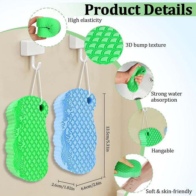 2Pcs Magic Exfoliating Bath Sponge, 3D Ultra Soft Deep Cleansing Body Sponge with Lanyard, Gently and Painlessly Removes Dead Skin & Impurities, Skin Friendly Reusable Sponges (Blue + Dark Green)