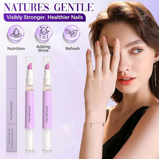 2-in-1 Cuticle Oil Pusher Pen, Ceramic Cuticle Remover Pen for Nails, Nail Care Buffer Pens for Hangnails, Dry & Damaged Nails, Moisturiz Polish Brighten (2Pcs)