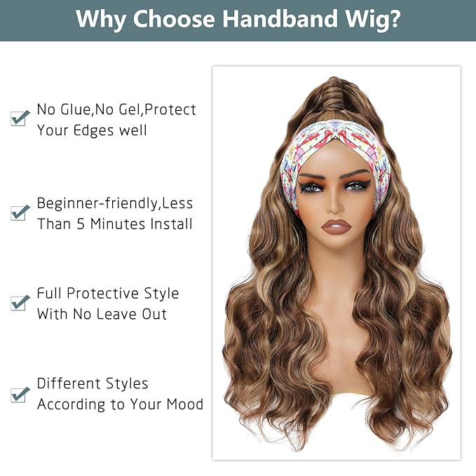 xccoco Glueless Headband Wigs for Black Women Brown Blonde Headband Wig Long Loose Curly Synthetic Wig 24inch 4/27 Highlight Honey Blonde Wig with Headband,200% Denisty