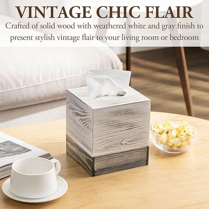 MyGift Coastal Chic Square Tissue Box Cover, Two-Tone Whitewashed Solid Wood Facial Tissue Box Dispenser Cover with Vintage Graywashed Base and Easy Slide-Out Bottom Panel, 5.5 x 5.5 x 6.3 Inches