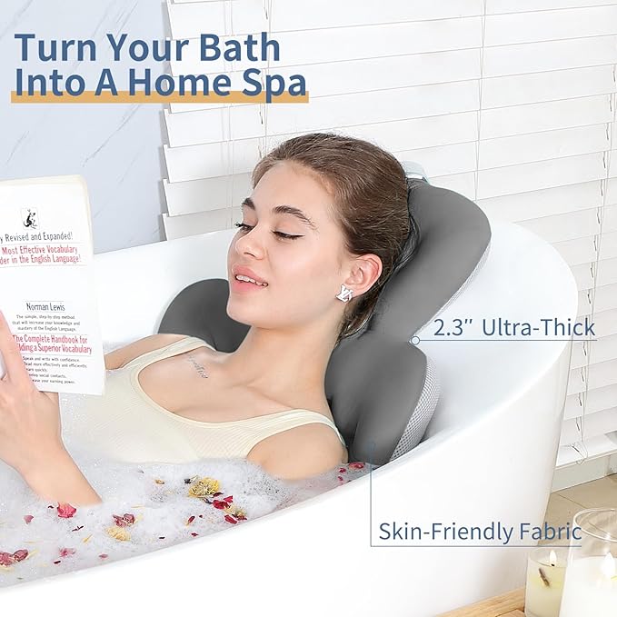 Bath Cushion, Full Body Bathtub Pillow with 160 Suction Cups, Bath Mat for Head and Neck Support, with Laundry Bag (Dark Gray, 51" x 16")