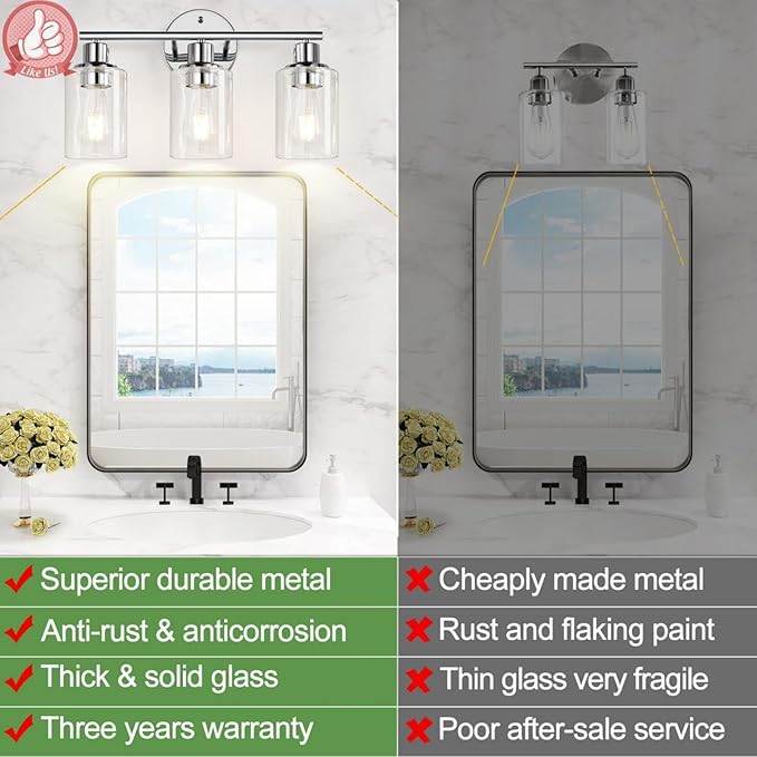 3-Light Bathroom Light Fixtures, Chrome Bathroom Wall Light with Clear Glass Shade, Bathroom Wall Lamp for Mirror Kitchen Living Room Hallway Cabinet