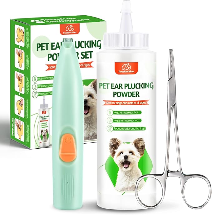 Dog Ear Powder Hair Removal Kit–Safe Grooming Set with 30g Ear Powder, LED Silent Trimmer & 5.5in Tweezers All-in-One Ear Care Solution for Dogs &Cats,Odor Control & Hygiene Support, Home Grooming Kit