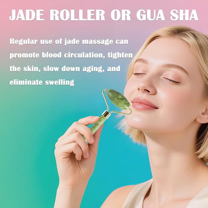 Jade Roller Gua Sha Tools - Nature Gua Sha Facial Tool Skin Tightening Face Massager Anti-Aging Jade Face Roller Puffiness Reducing Guasha Stone for Women Men（Green）
