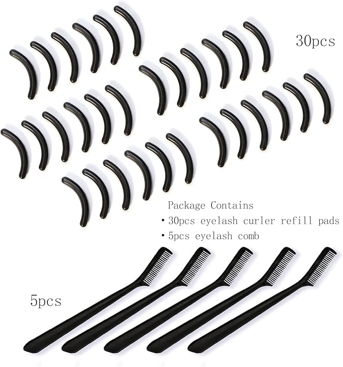 30pcs Eyelash Curler Refill Pads & 5pcs Eyelash Comb, Black Curler Refills, Silicone Rubber Universal Eye Lash Curler Replacement