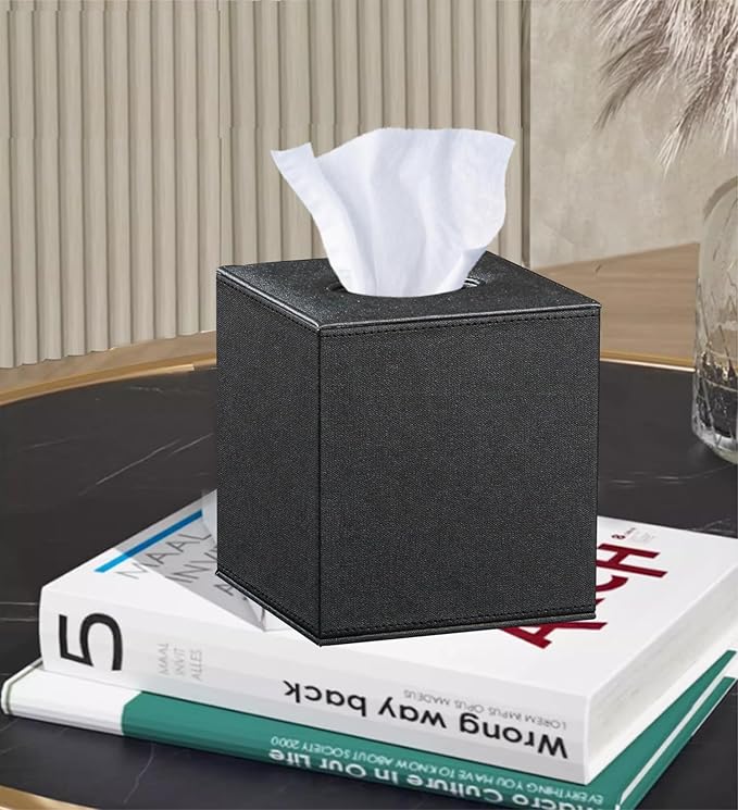 Leather Tissue Box Cover Square,Decorative Cube Tissue Box Holder with Magnetic Bottom,Facial Paper Organizer Table Napkin Case Dispenser for Bathroom NightStand Coffee Car Home Office,Black