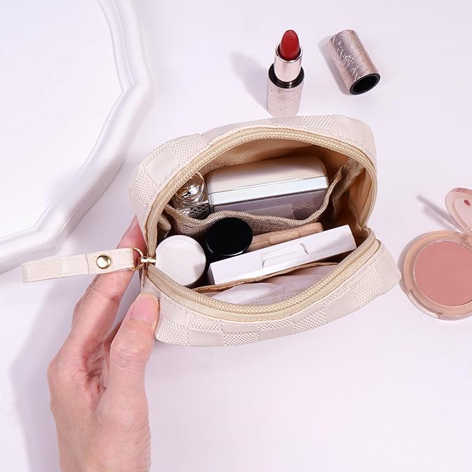 MAGEFY Small Makeup Bag for Purse, Checkered Makeup Bag Small Pouches for purse Leather Mini Make Up Bag Cute Cosmetic Bag for Women with Slip-in Pockets.Beige