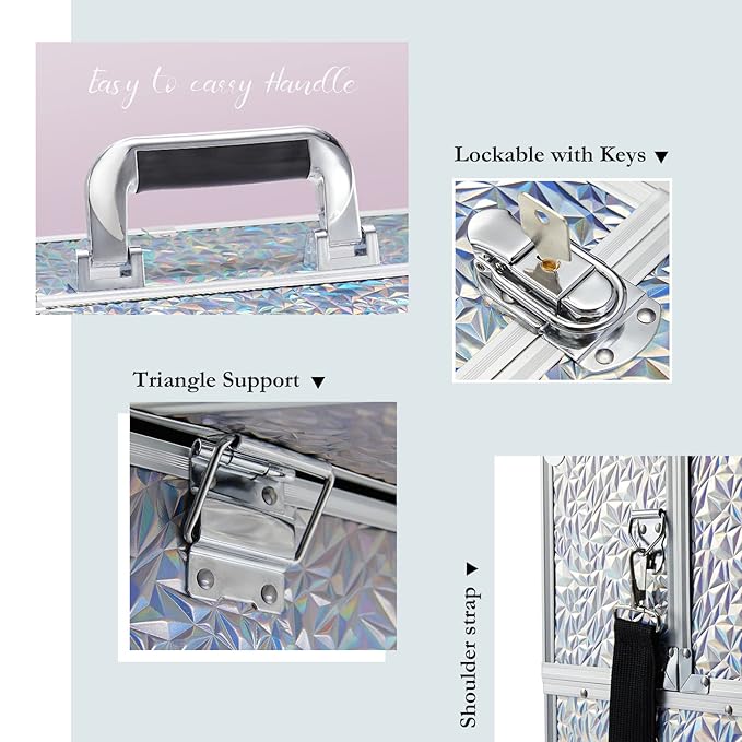 Joligrace Makeup Train Case Large 6 Tray Professional Organizer Box - Cosmetic Make Up Carrier with Lock & Key Carrying Strap for Studio Artist & Stylist Silver - Holographic Iridescent Style