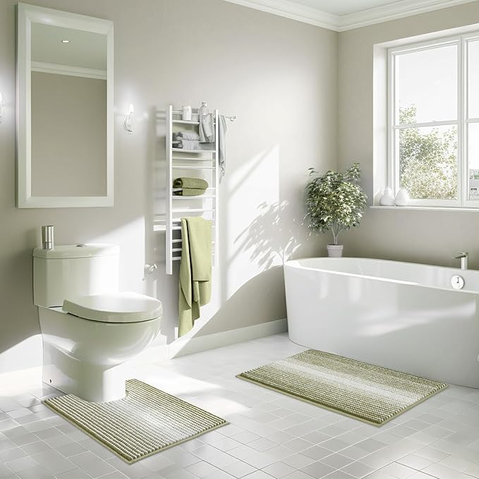 Bathroom Rugs Sets 2 Piece, Toilet Rugs U-Shaped, Contour Bath Mat Rugs Set for Toilet Bathroom, Soft Absorbent Chenille Bath Carpet, Quickly Dry, Washable (Linden Green, 32" x 20" + 24" x 20")