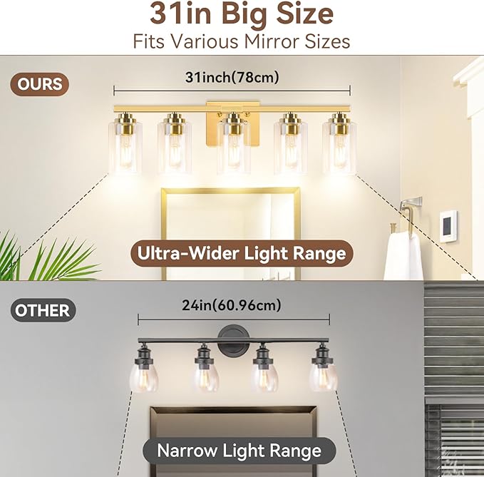 VerRon 5-Light Gold Bathroom Light Fixtures, 31" Modern Vanity Lights Over Mirror with Clear Glass Shades,Brushed Gold Wall Light Fixture for Bathroom Mirror Bedroom Porch, Hardwired Wall Sconces
