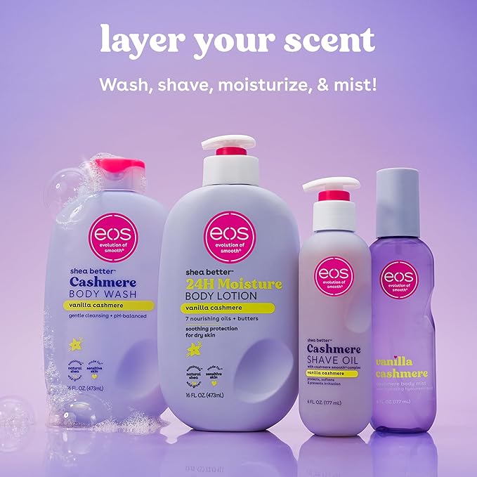 eos Cashmere Shave Oil – Vanilla Cashmere, Moisturizing Shave Oil with Shea Butter & Glycerin, Helps Prevents Irritation & Razor Burn, Vegan, 6 fl oz